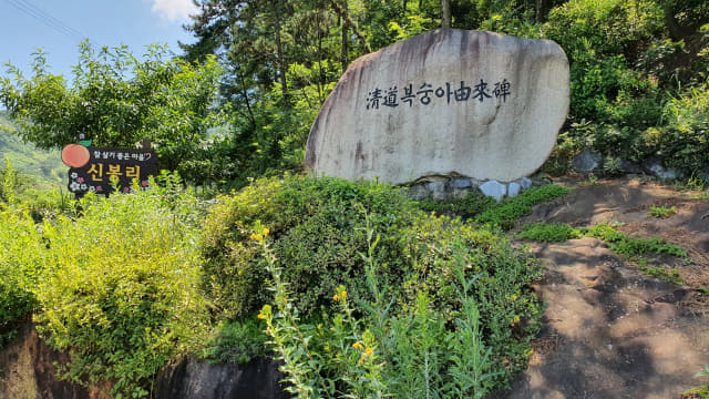 경북 청도군 화양읍 신봉리 마을 입구에 세워진 청도 복숭아 유래비.